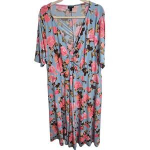 Torrid Dress Floral Dress Midi Dress Ruched Dress Short Sleeve Dress 2X Blue